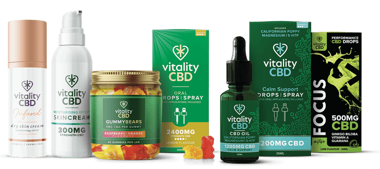 Group of CBD oil bottles, creams and a jar of gummy bears