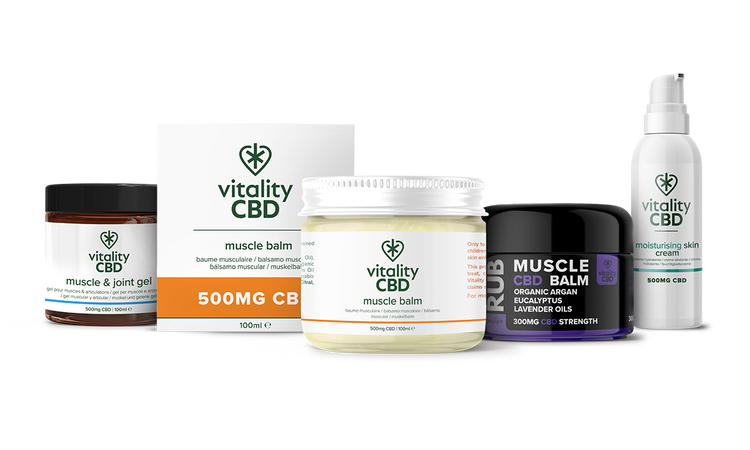 Group of CBD topicals, including cream, muscle balm, joint gel