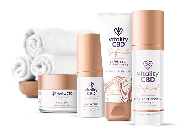 Range of CBD Cosmetics Next to Towels and Toiletries 