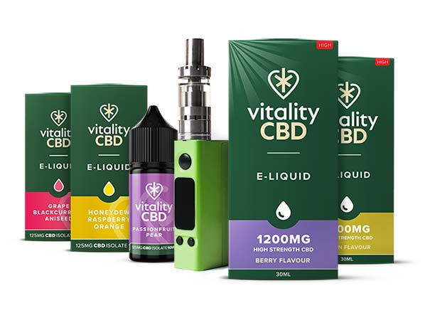 CBD E-liquids in Different Flavours and Strengths Next to a Vape Device