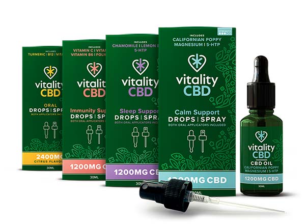 Range of CBD Oils that Support Sleep, Calm or Immunity Next to a Pipette Dropper